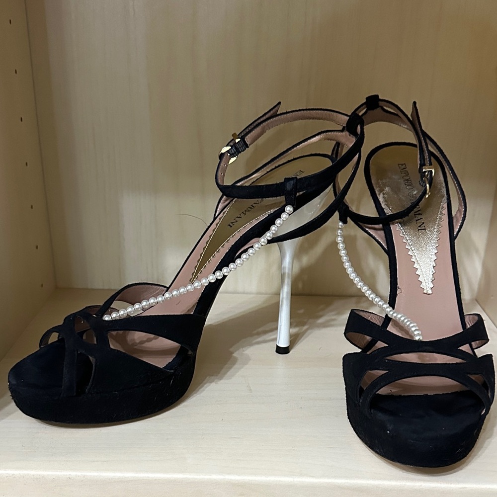 Emporio Armani Black Heels with Pearl Accents